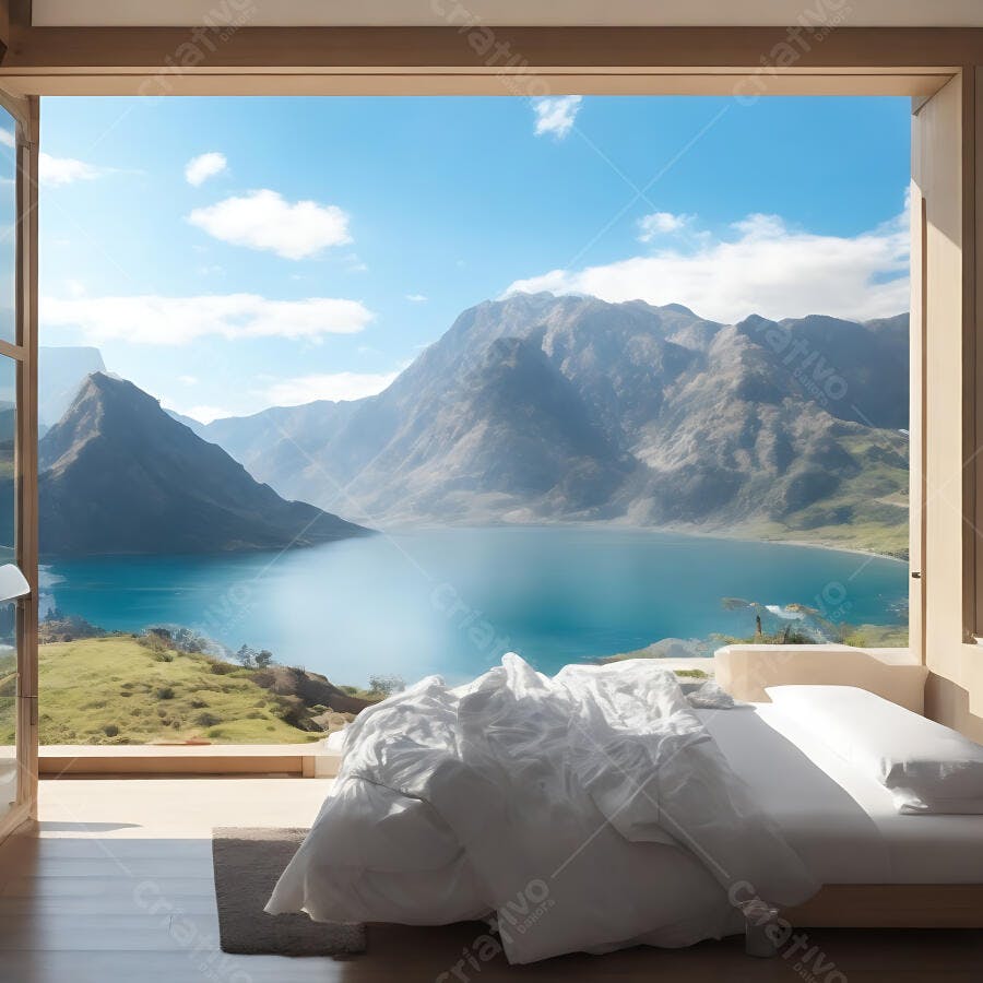 Quarto moderno com janela vista lago azul e montanhas majestosas