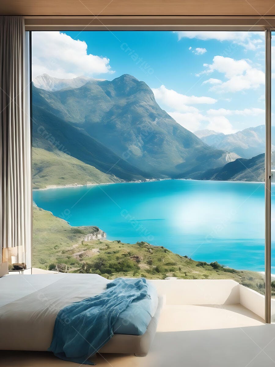 Quarto moderno com vista panorâmica para lago azul montanhas e céu claro