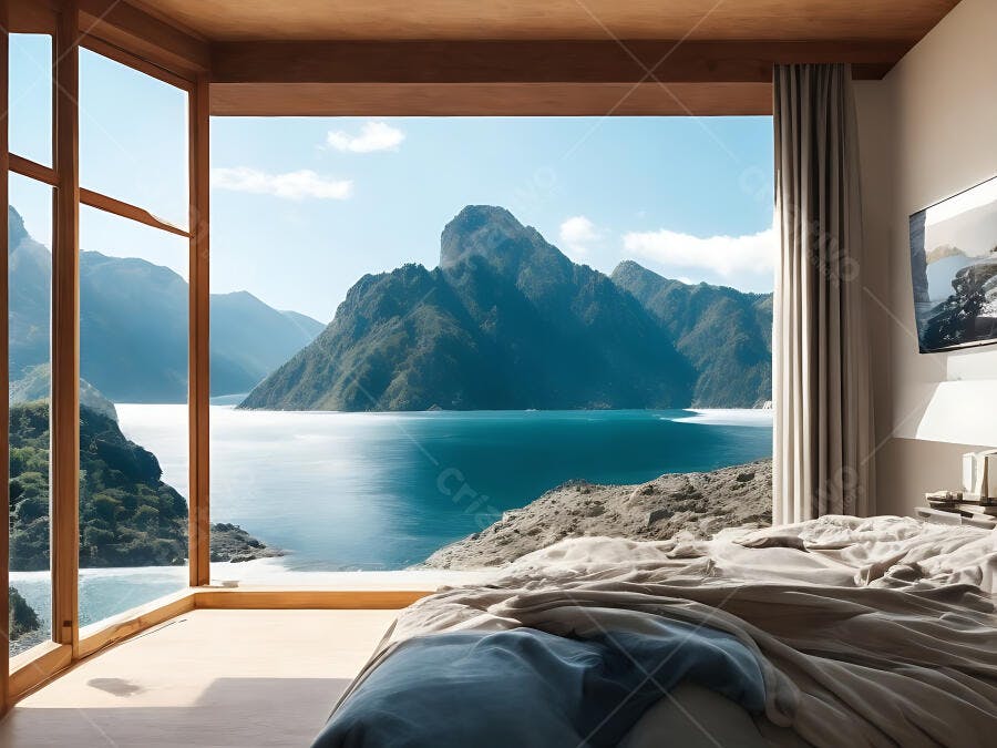 Quarto luxuoso com vista panorâmica para montanhas verdes e lago sereno