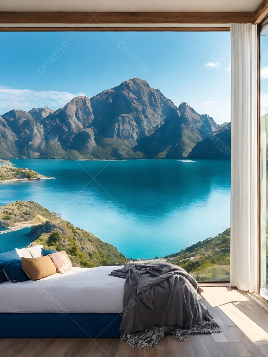 Quarto moderno com vista panorâmica de lago azul e montanhas cinzas design luxuoso