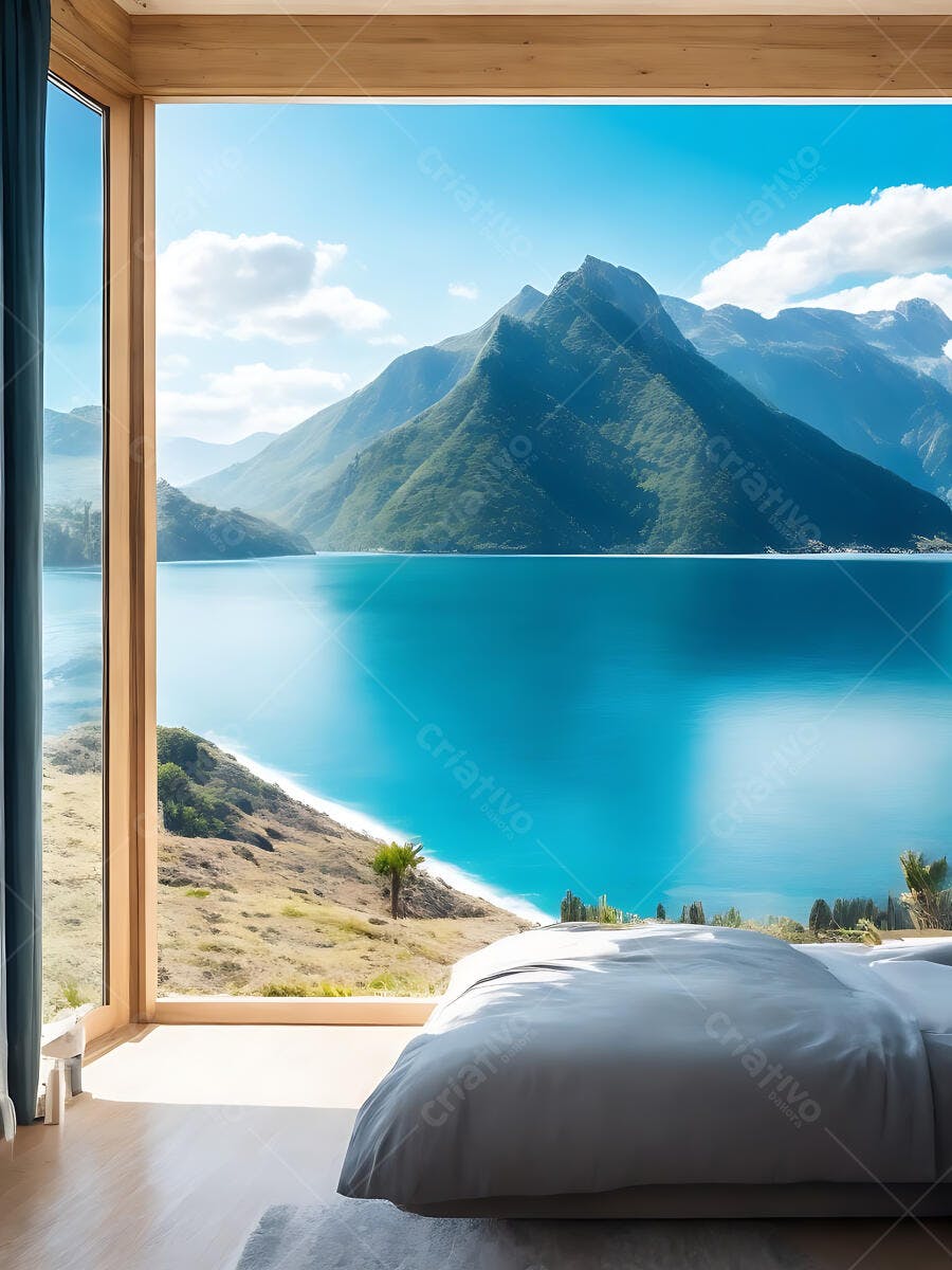 Quarto moderno com vista panorâmica para lago azul e montanhas verdes