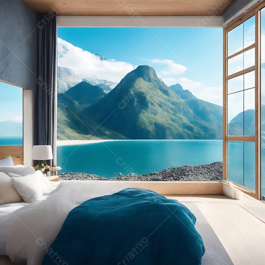 Quarto moderno com vista panorâmica para lago sereno e montanhas verdes