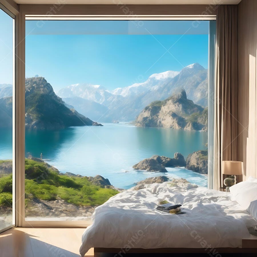 Quarto moderno com vista panorâmica para lago e montanhas nevadas