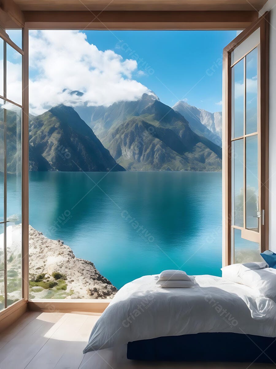 Quarto com vista deslumbrante lago azul turquesa e montanhas imponentes