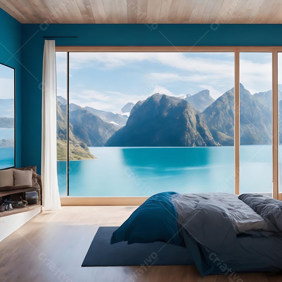 Quarto moderno com vista panorâmica para lago e montanhas azul-turquesa