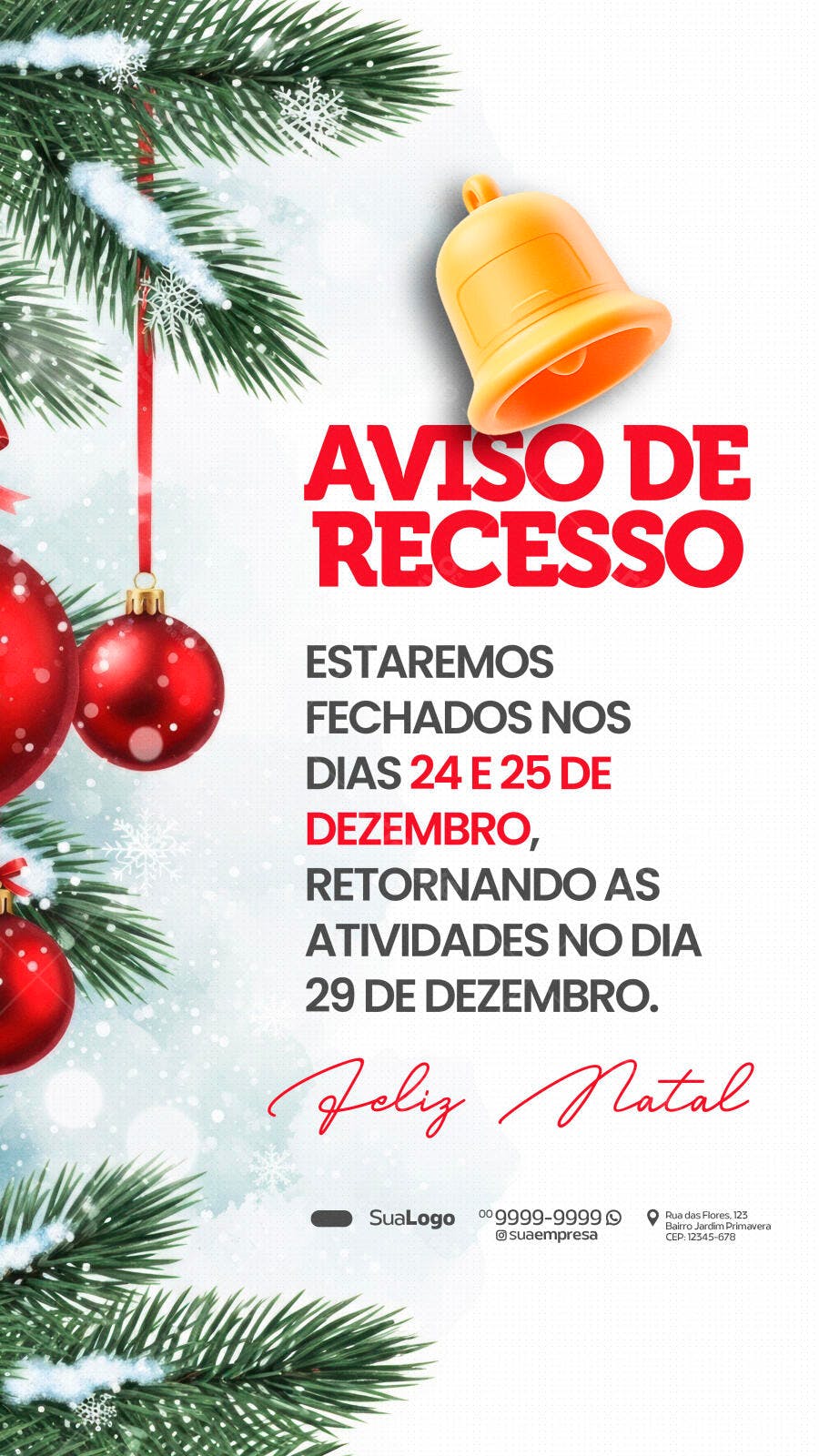 Post Social Mídia Aviso de Recesso Natal PSD Editável
