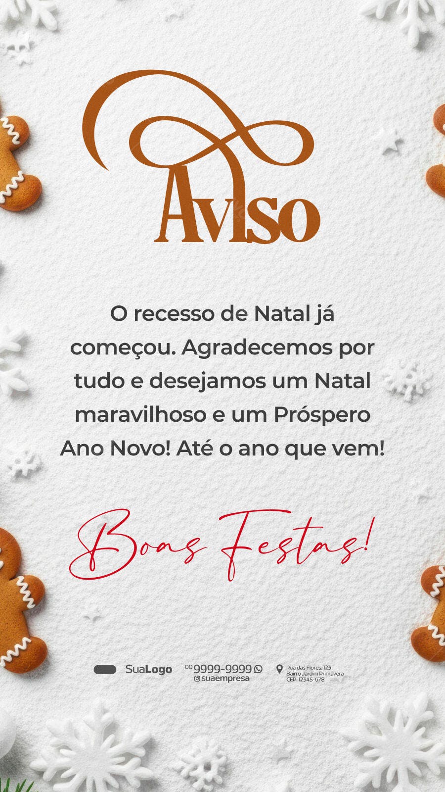 Flyer Vertical para Recesso de Natal com Neve e Biscoitos PSD Editável