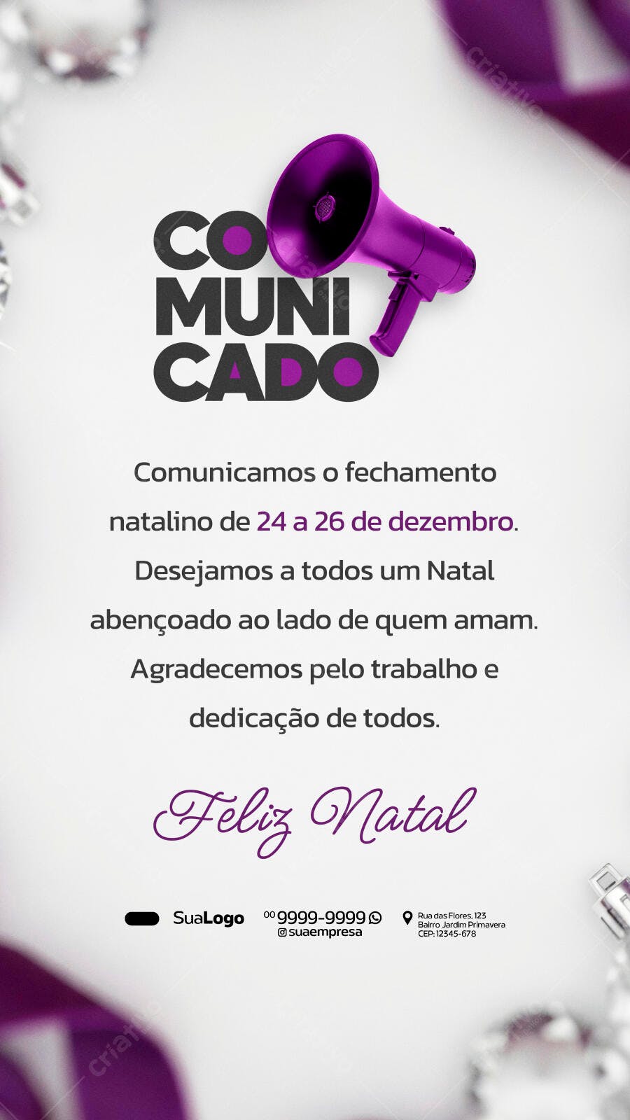 Comunicado de Fechamento Natalino e Feliz Natal PSD Editável