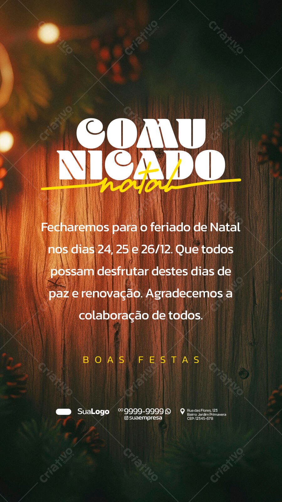 Flyer Comunicado de Natal Fundo Madeira Luzes Boas Festas PSD Editável