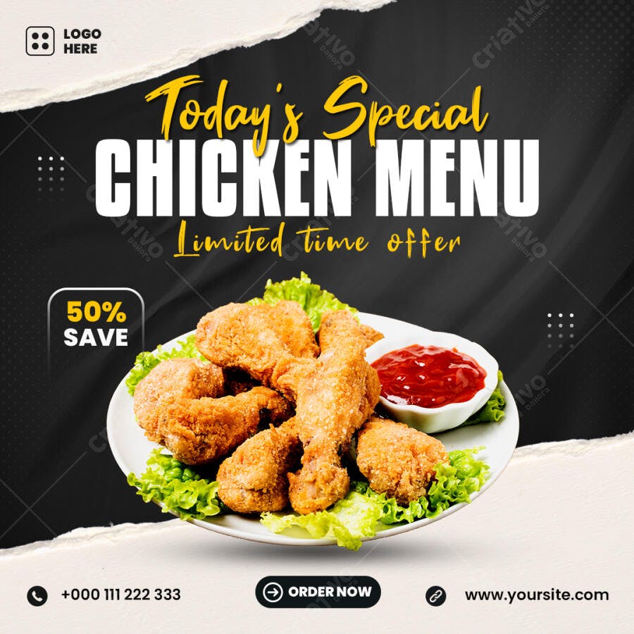 Flyer Menu Especial de Frango Crocante 50% Off PSD Editável