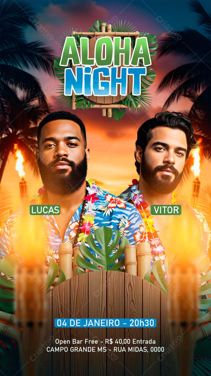 Flyer Festa Aloha Night com Lucas e Vitor PSD Editável