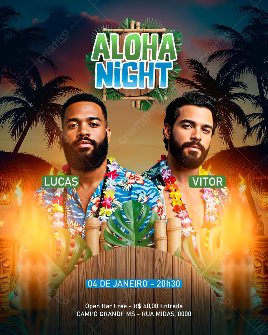 Flyer Festa Aloha Night Tropical com Lucas e Vitor PSD Editável