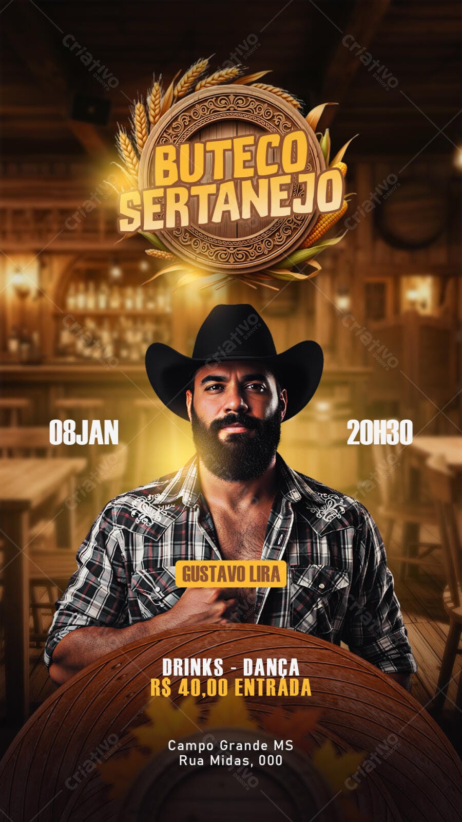 Flyer Buteco Sertanejo com Gustavo Lira Caubói de Chapéu PSD Editável