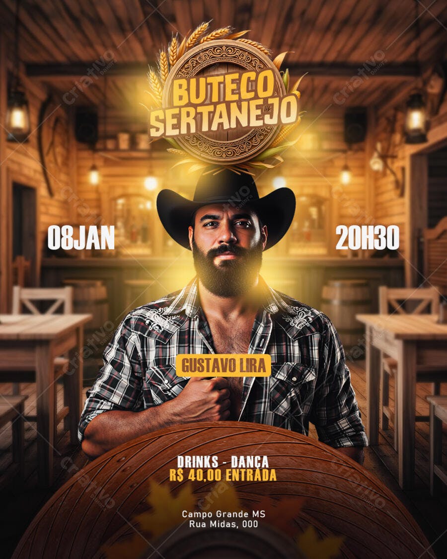 Flyer Buteco Sertanejo Gustavo Lira Country Psd Editável