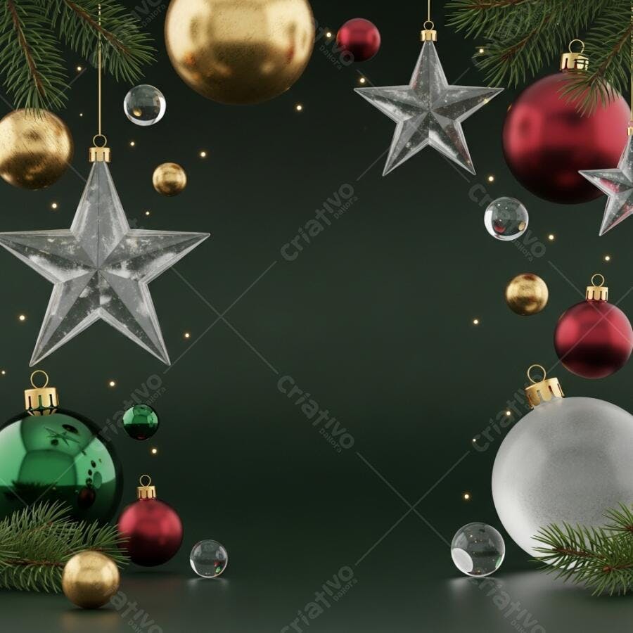 Enfeites de Natal dourados vermelhos e prateados em fundo verde escuro