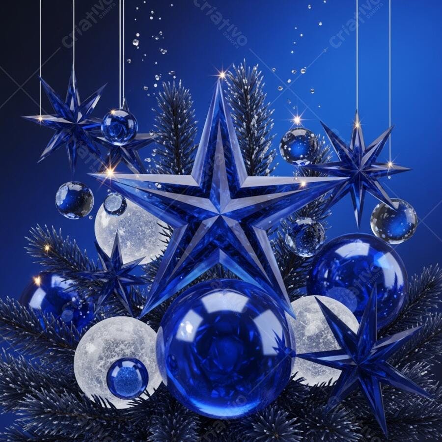 Decoração de Natal azul estrelas e bolas festivas em fundo escuro