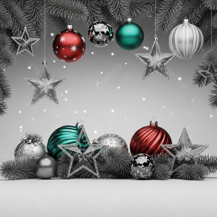 Enfeites de Natal vermelhos prateados e verdes com estrelas e ramos de pinho