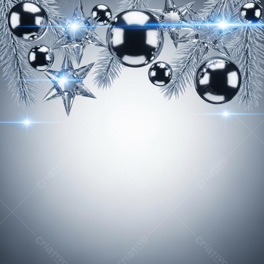Decorações de Natal bolas prateadas estrelas de cristal galhos nevados fundo festivo