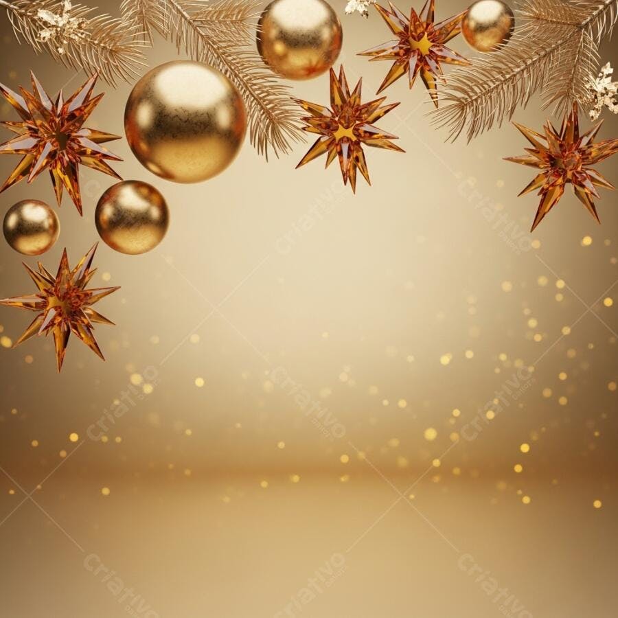 Decorações de Natal douradas com bolas e estrelas em fundo festivo brilhante