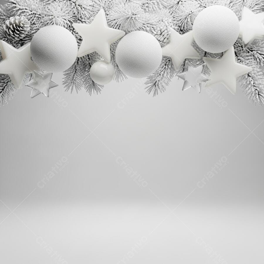Decoração natalina branca com bolas estrelas e ramos nevados