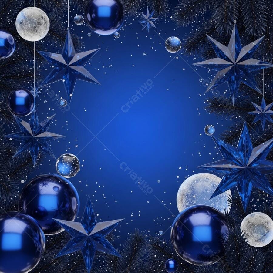 Decoração de Natal azul e prata com estrelas e bolas na neve