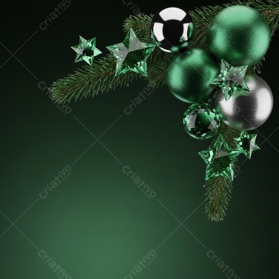 Enfeites de Natal verde e prata em galhos de pinheiro fundo escuro