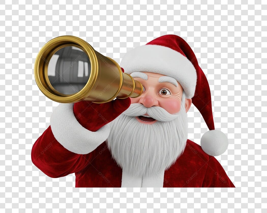 Ilustração 3D Papai Noel olhando na luneta Natal Ano Novo PNG com fundo transparente