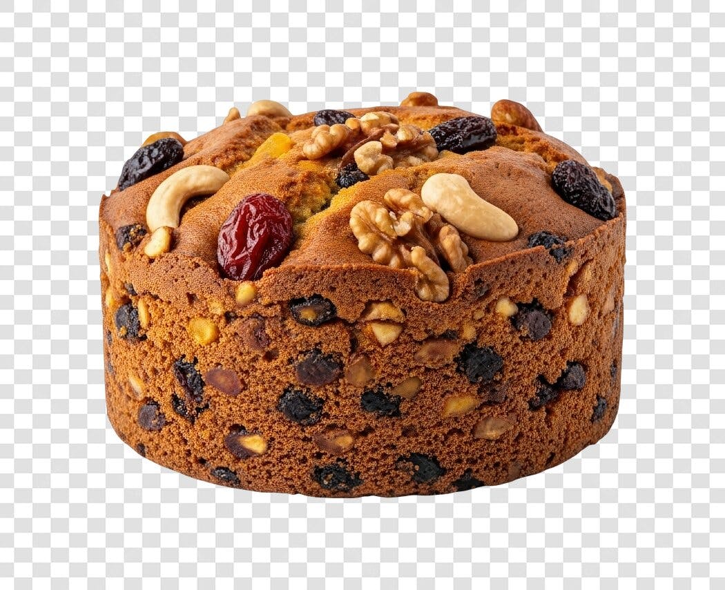 Bolo de frutas natalino rico em nozes castanhas uvas passas PNG com fundo transparente
