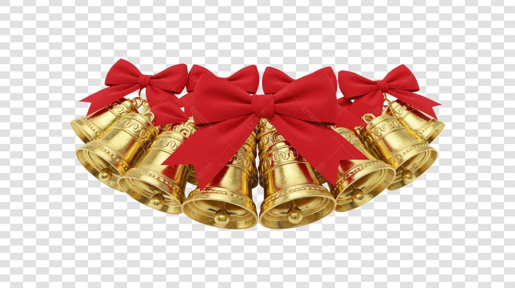 Decoração de Natal Sinos Dourados e Laços Vermelhos PNG com fundo transparente