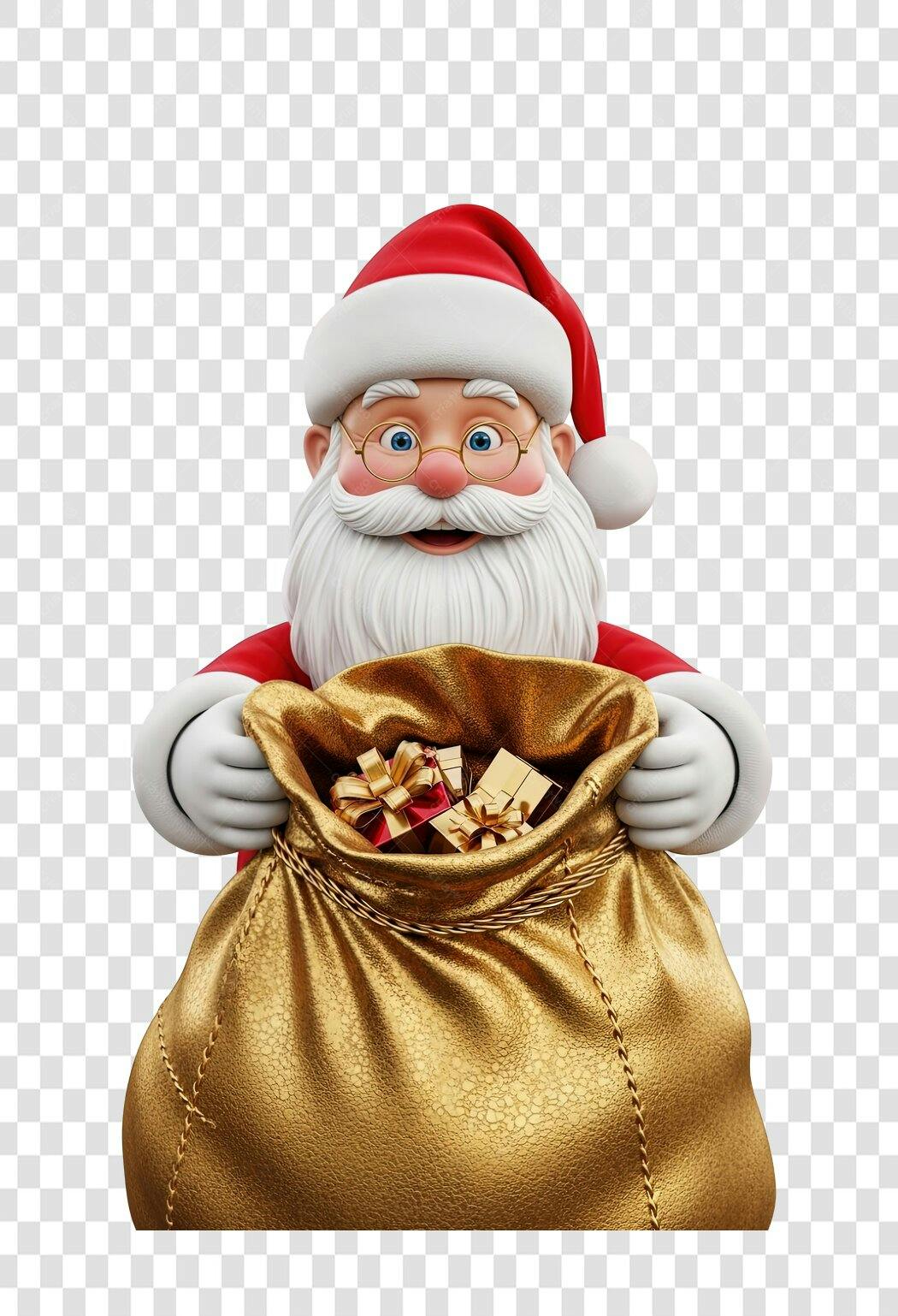 Elemento Gráfico Papai Noel 3D com saco dourado de presentes para Natal PNG com fundo transparente