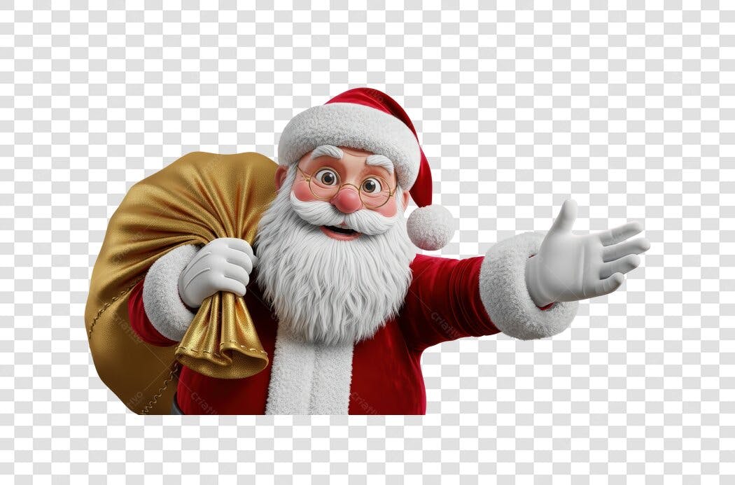 Ilustração 3D Papai Noel com saco de presentes acenando Natal PNG com fundo transparente