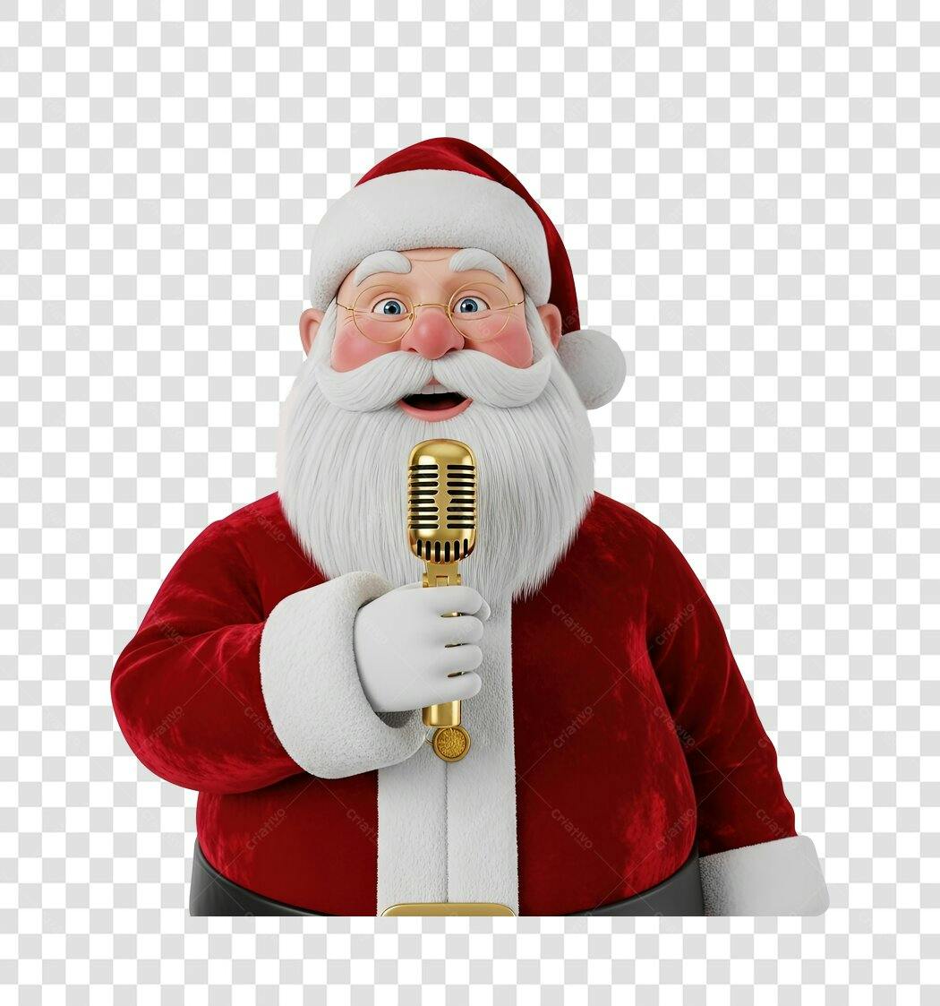 Papai Noel Cantando Microfone Dourado para Natal PNG com fundo transparente