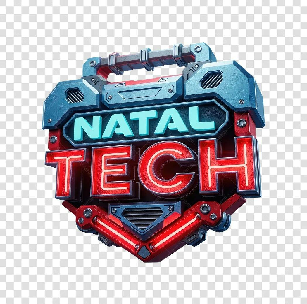 Emblema Natal Tech 3D estilo cyberpunk azul e vermelho PNG com fundo transparente