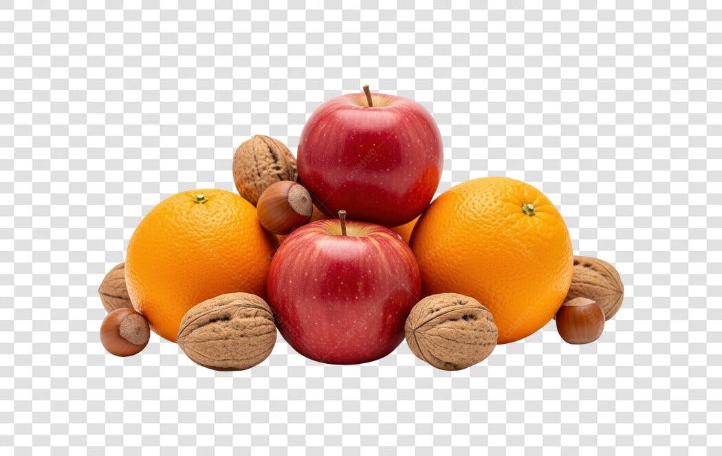 Composição de Maçãs Laranjas Nozes Avelãs PNG com fundo transparente