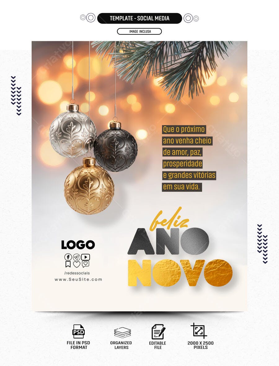 Post Social Mídia Feliz Ano Novo Ornamentos Pinho Dourado PSD Editável