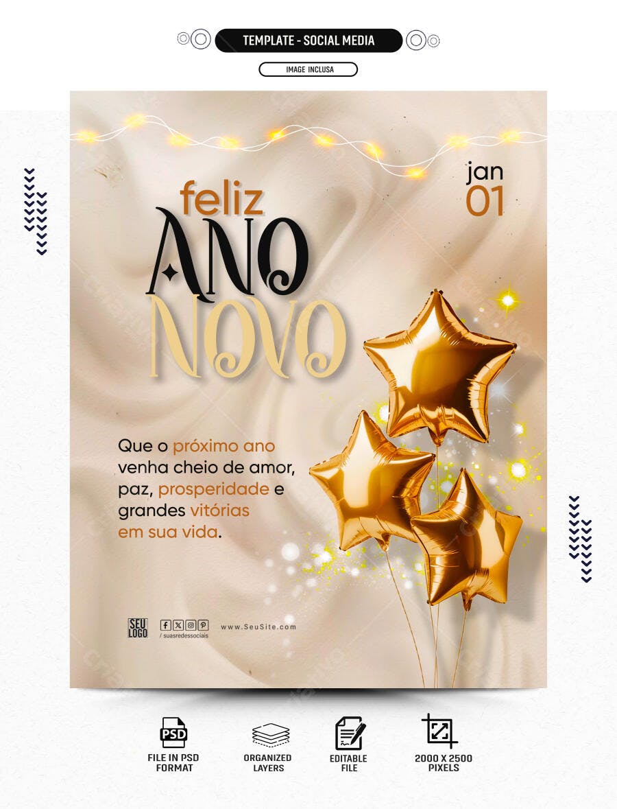 Post para Redes Sociais Feliz Ano Novo com Balões Estrela PSD Editável