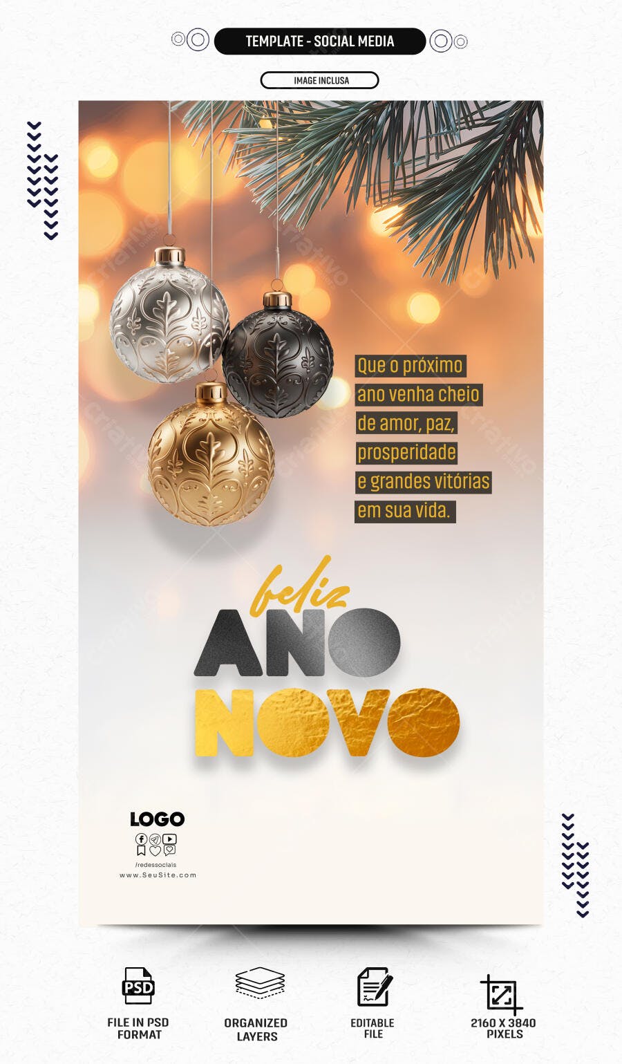 Flyer Digital para Feliz Ano Novo com Bolas Ouro Prata PSD Editável