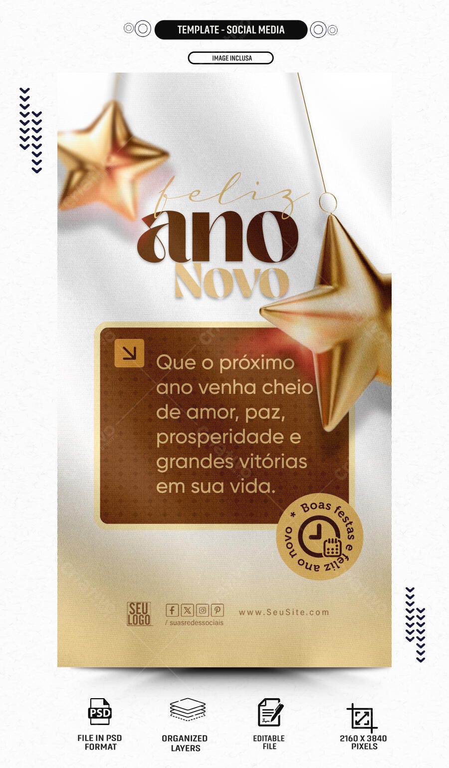 Post de Redes Sociais para Feliz Ano Novo Dourado PSD Editável