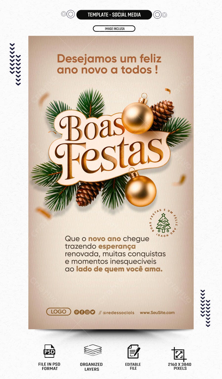 Post para Redes Sociais Boas Festas e Ano Novo PSD Editável