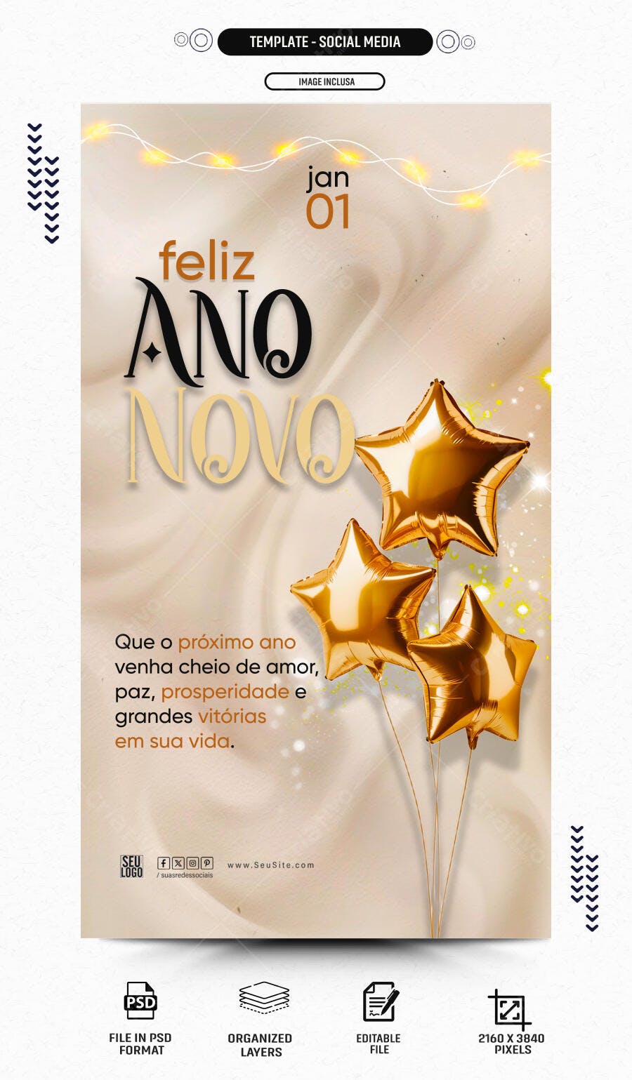 Flyer Social Media Feliz Ano Novo com Balões Dourados e Luzes PSD Editável