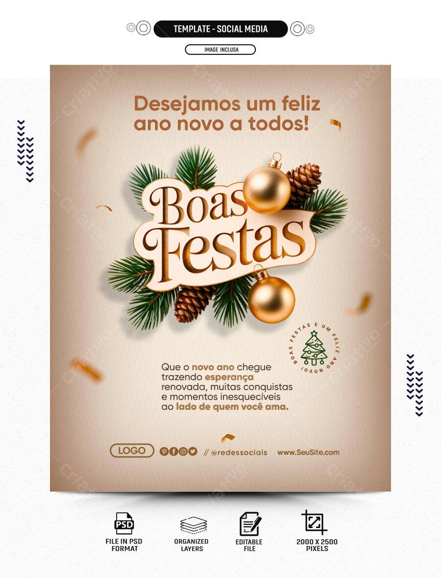 Post Social Media Boas Festas e Ano Novo Dourado Pinhas PSD Editável