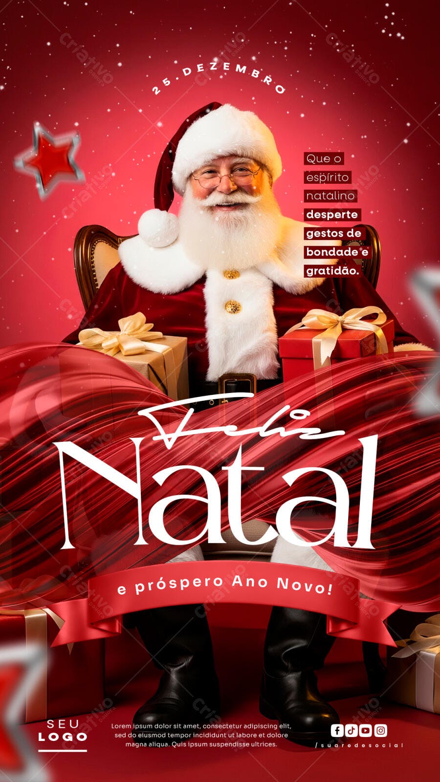 Flyer Natal e Ano Novo com Papai Noel e Presentes PSD Editável