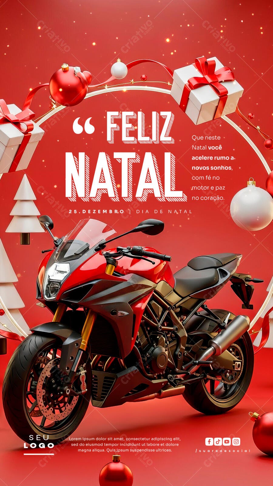 Post Social Media para Natal com Moto Esportiva Vermelha PSD Editável