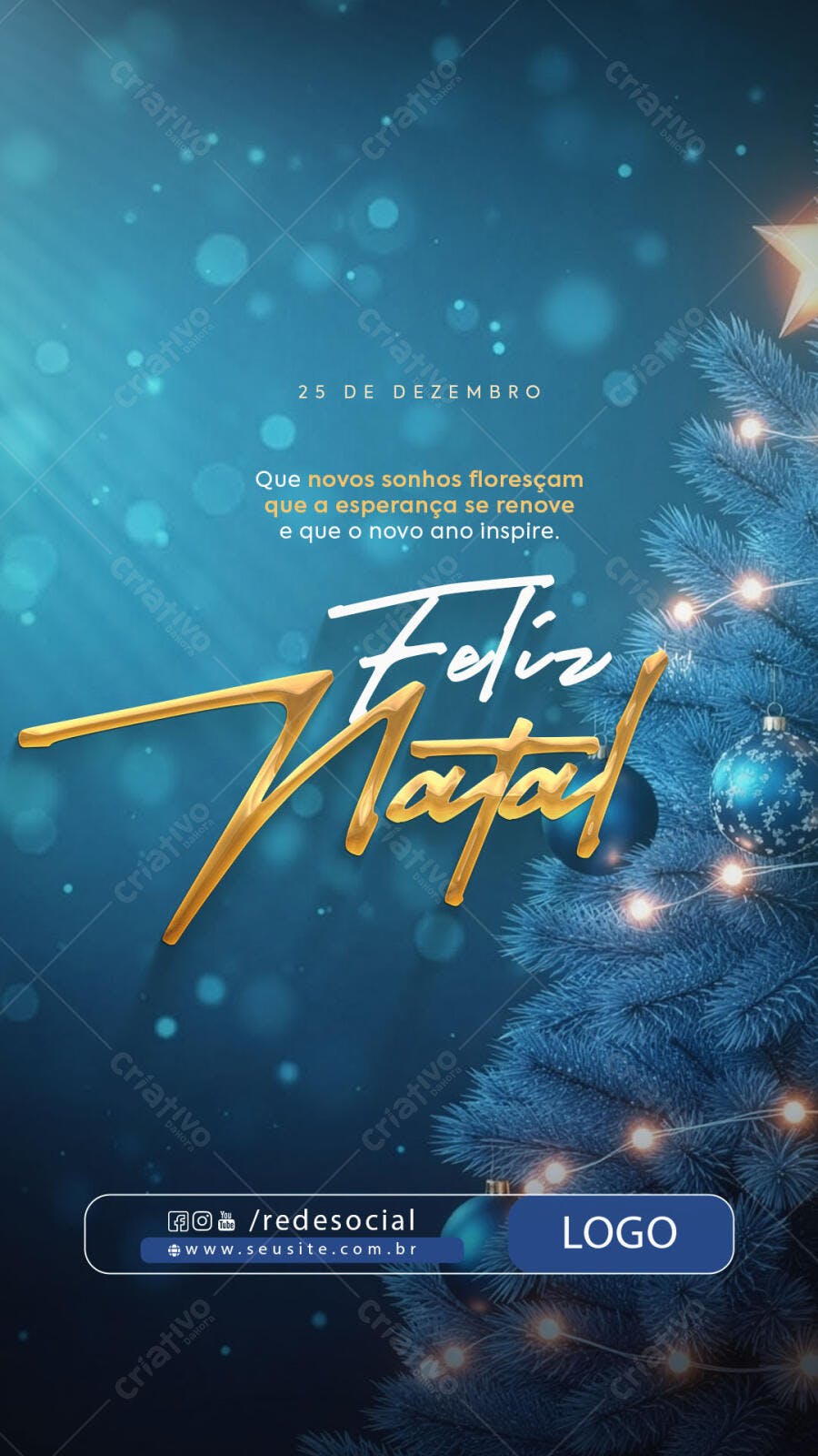 Post de Feliz Natal 25 de Dezembro Azul Dourado PSD Editável