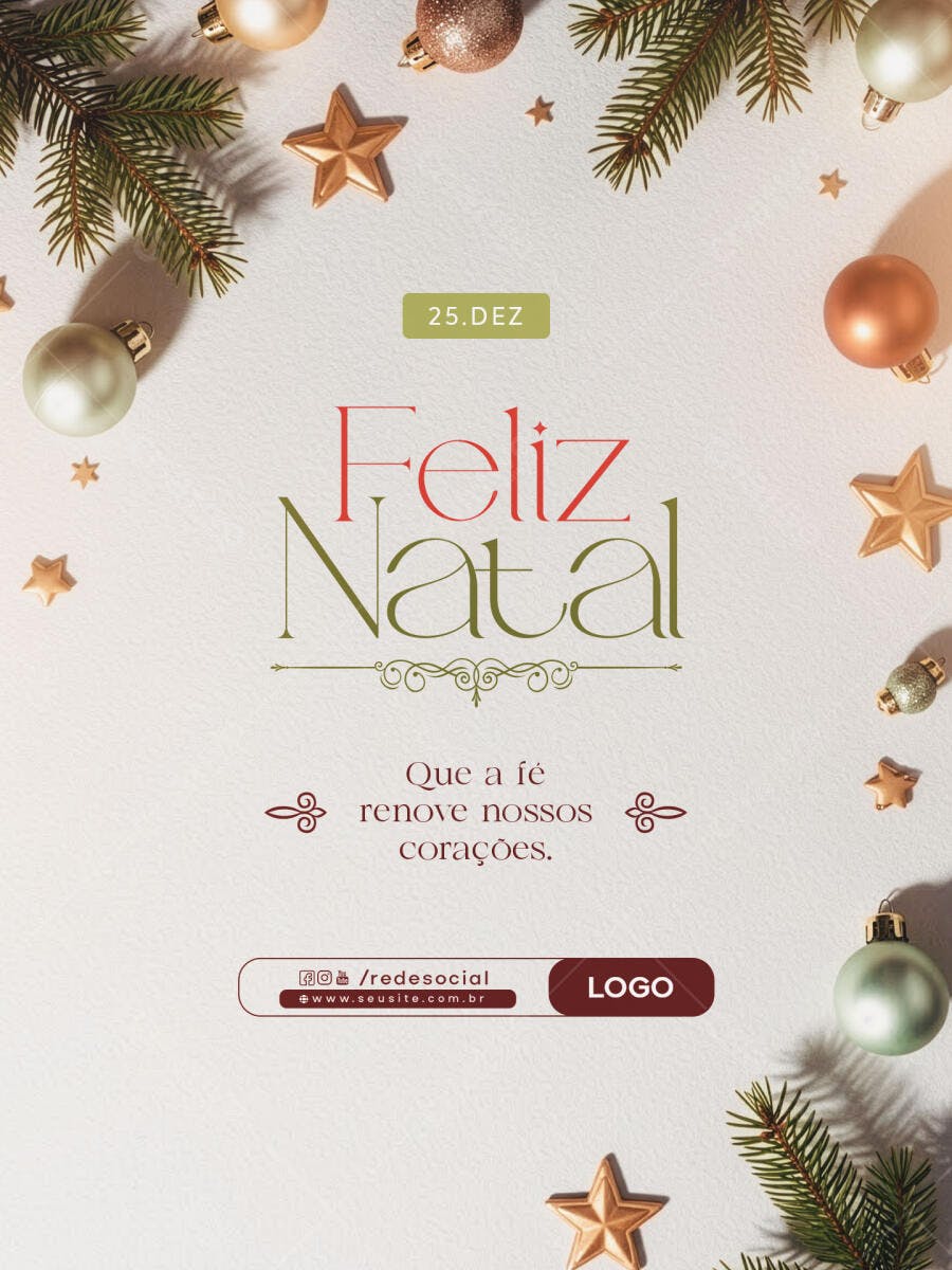 Post para Redes Sociais de Natal com Decorações Douradas PSD Editável
