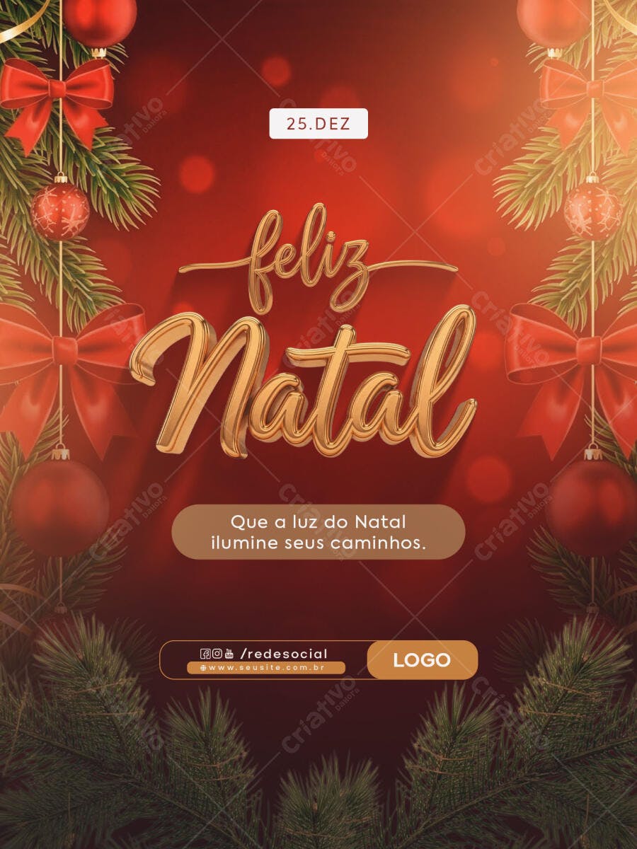 Flyer de Natal Feliz Natal Dourado Vermelho PSD Editável