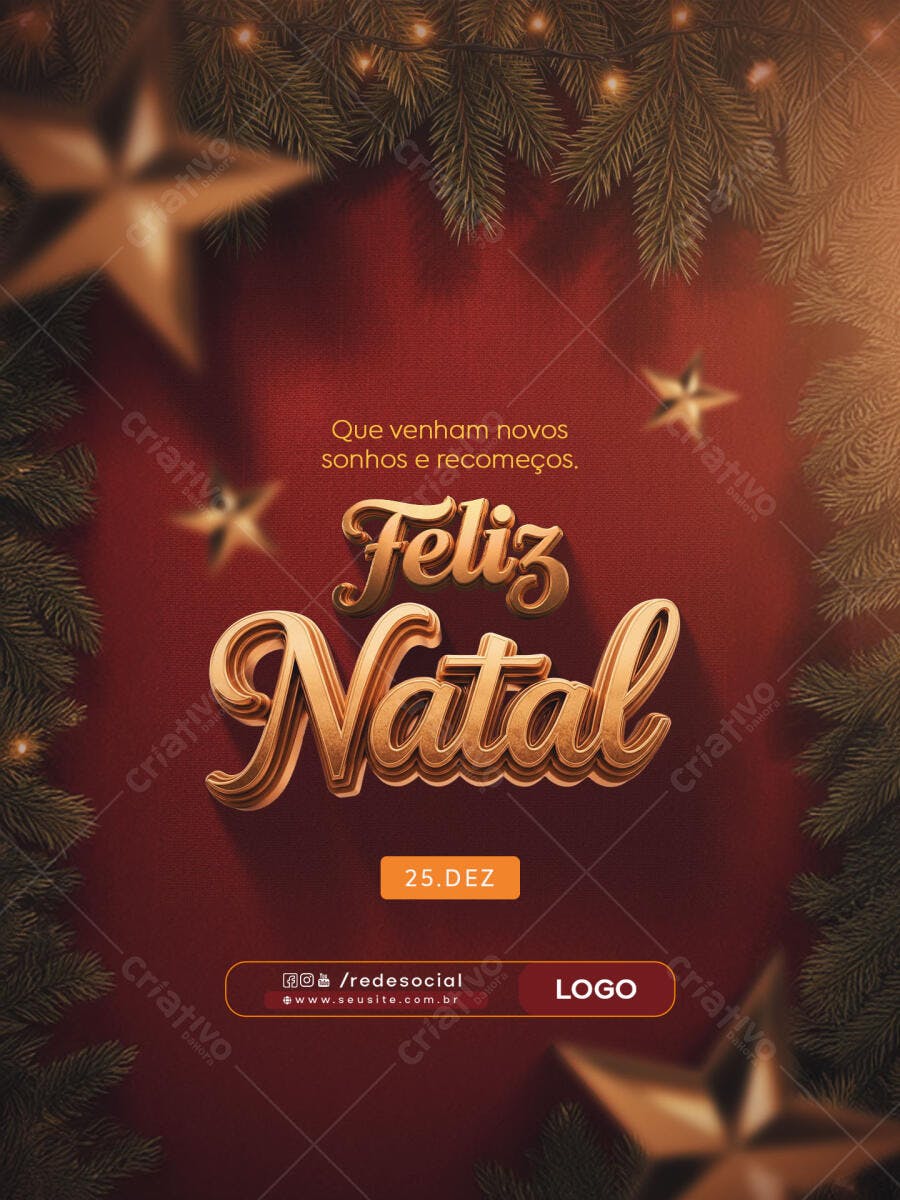 Card para Feliz Natal Dourado e Vermelho PSD Editável