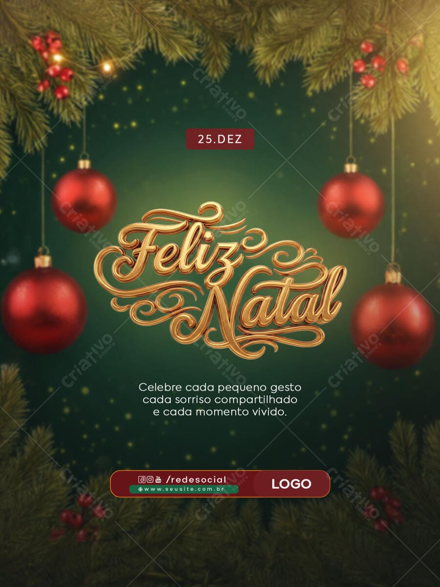 Flyer Feliz Natal Dourado Verde Bolas Vermelhas PSD Editável