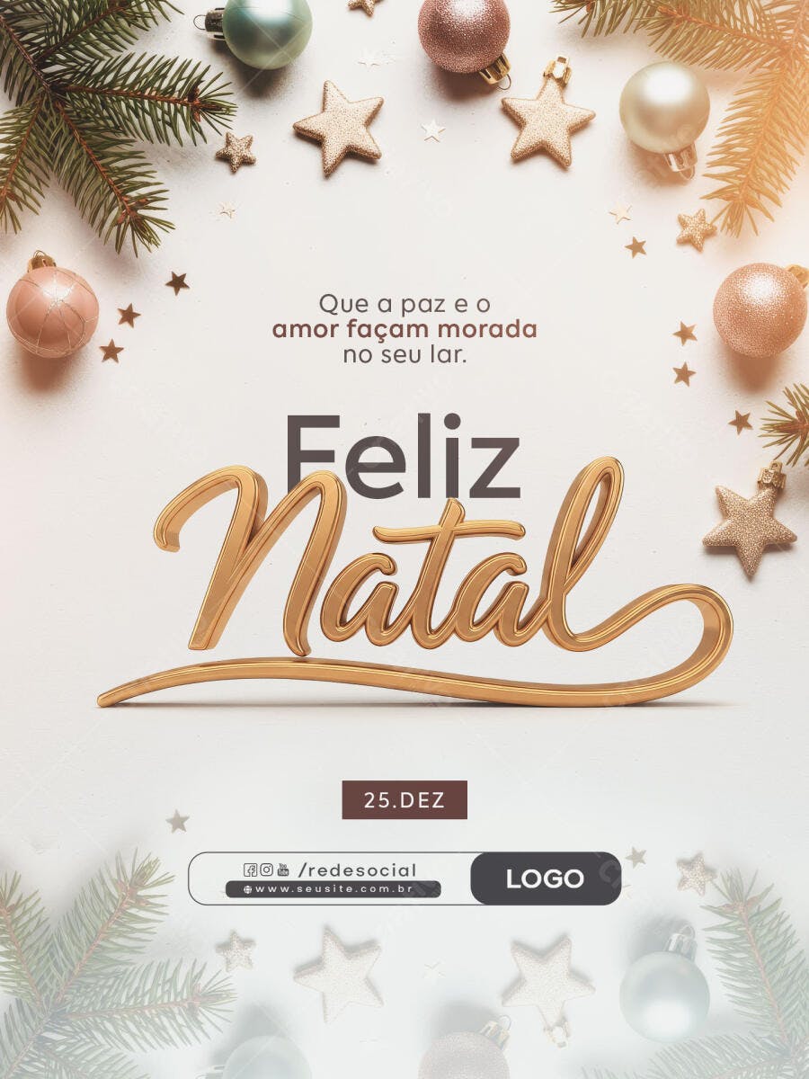 Post para Redes Sociais Feliz Natal Dourado e Mensagem de Paz PSD Editável