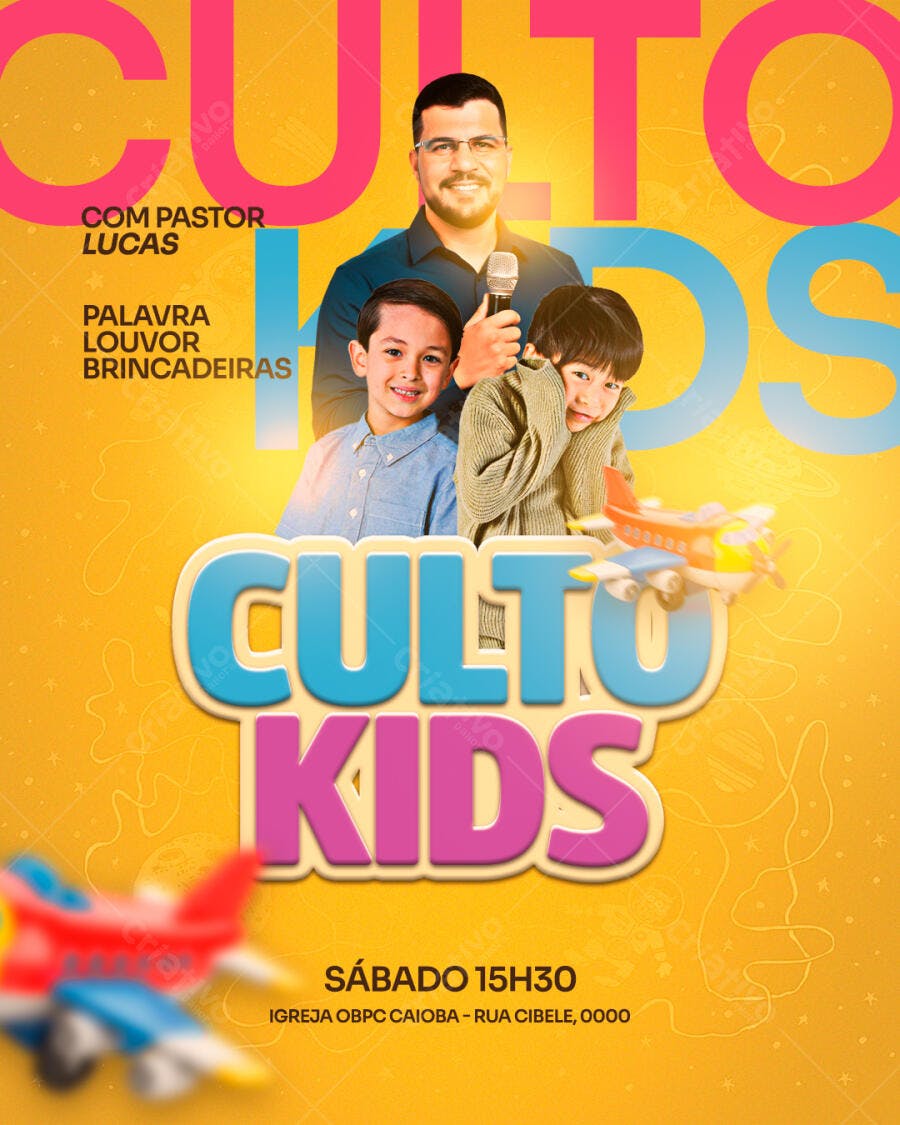 Flyer Culto Kids com Pastor Lucas PSD Editável